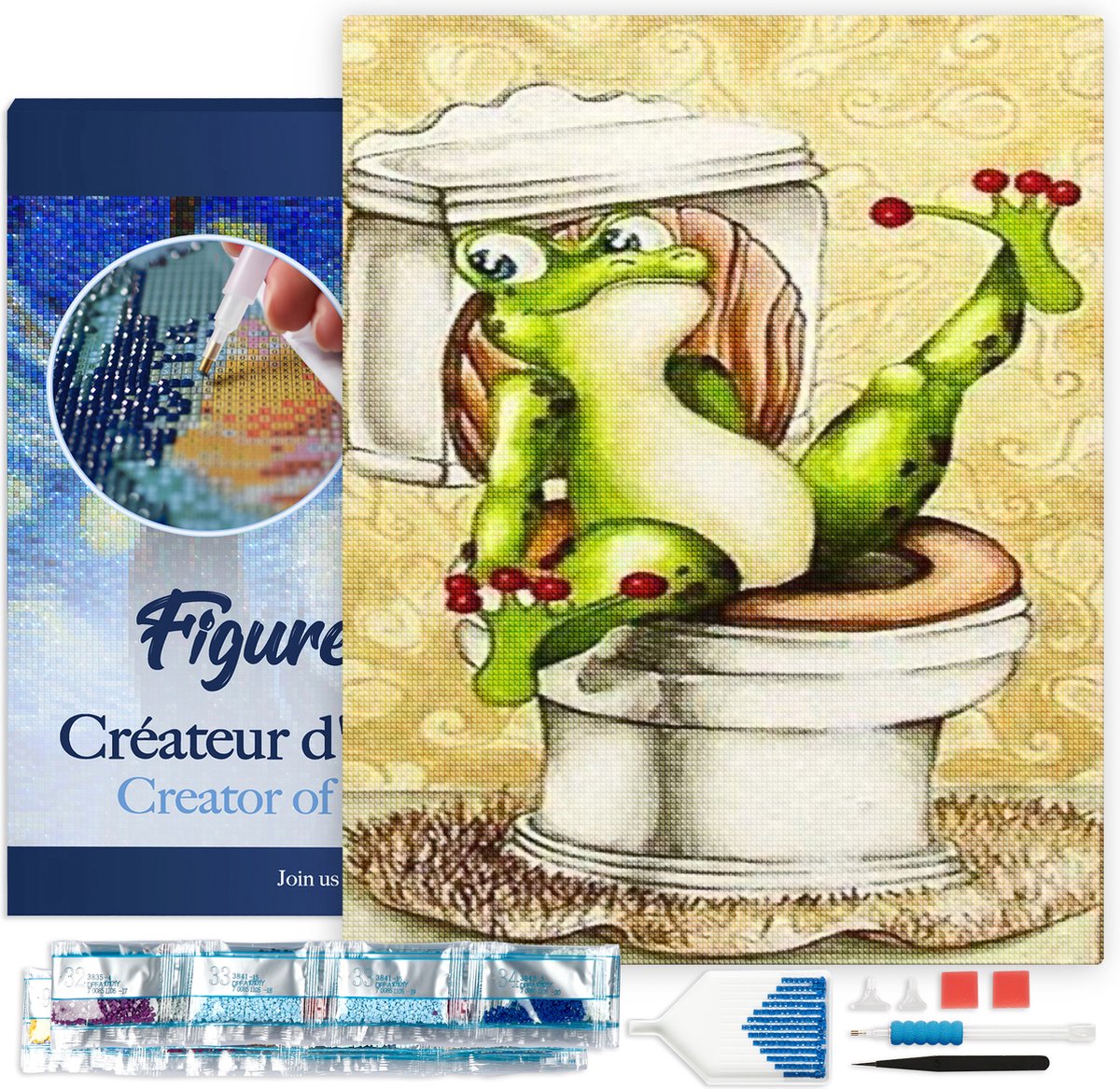 FiguredArt Diamond Painting set Volwassenen 40x50 cm met lijst Kikker in toiletten - 5D DIY Art full drill vierkante diamant - Canvas al ingelijst